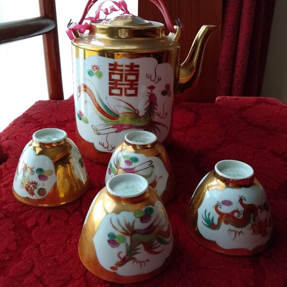 Vintage Chinese porcelain tea pot cups set dragon phoenix double happiness - Picture 1 of 13